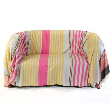 Jeté de canapé en coton 2x3m, fond gris et rayures fushia, jaunes, oranges et grises - A1 Jeté de canapé en coton 2x3m, fond gris et rayures fushia, jaunes, oranges et grises - A1