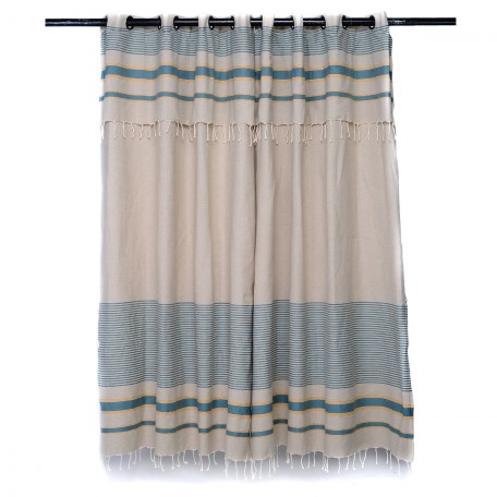 Rideau flexible en hauteur, fond gris perle et mélange de rayures fines et larges jaunes et bleu doux