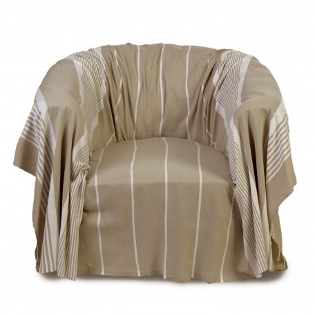 Jeté de fauteuil 2x2m en coton, fond lin et rayures blanches - CB3